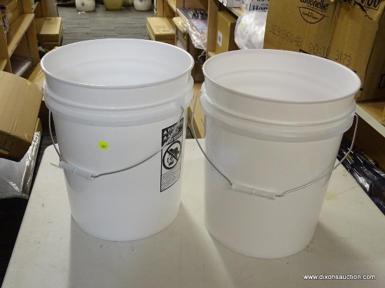 5-GALLON BUCKET; PAIR OF 5-GALLON, WHITE HEAVY DUTY PLASTIC BUCKETS. BRAND NEW.