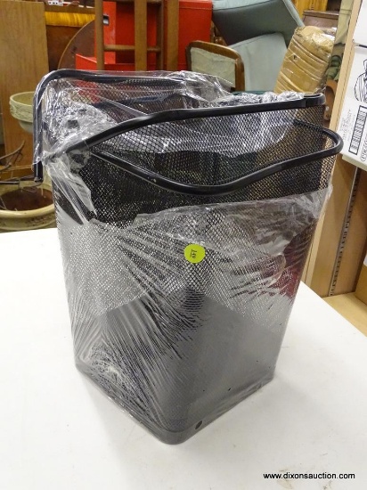 PAIR OF DESK TRASH CANS; 2 PIECE LOT OF SMALL, BLACK WIRE METAL TRASH CANS. BOTH HAVE DENTS ALONG