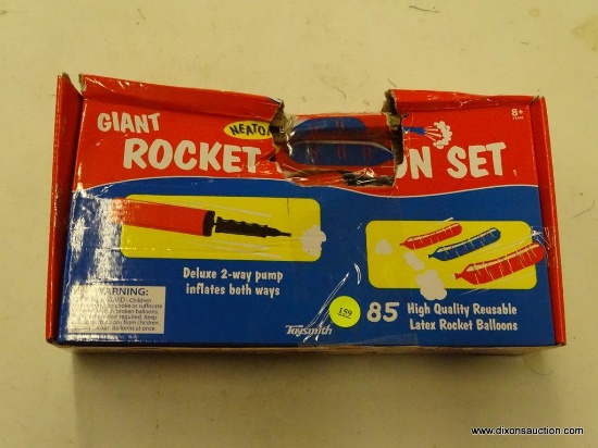 GIANT ROCKET BALLOON SET; BOX OF TOYSMITH ROCKET BALLOON SETS WITH 85 REUSABLE LATEX ROCKET BALLOONS