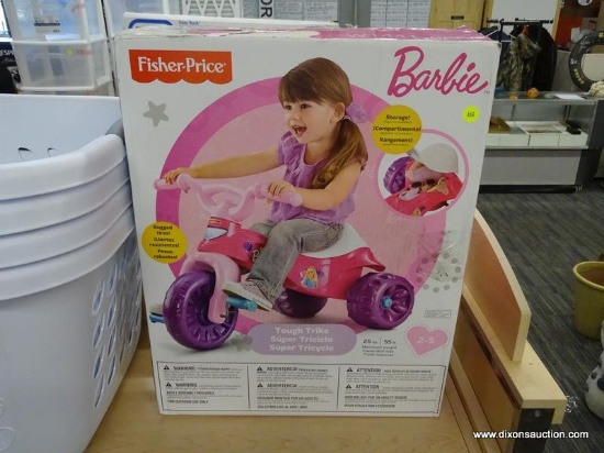 BARBIE TOUGH TRIKE; FISHER-PRICE BARBIE TOUGH PINK PLASTIC BIKE. FOR AGES 2-5, MAX 55 LBS. COMES IN