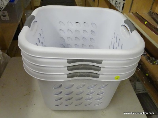 LAUNDRY BASKETS; 4 STERILITE ULTRA WHITE PLASTIC LAUNDRY BASKETS WITH HANDLES. 1.5 BUSHELS/53 LITER.