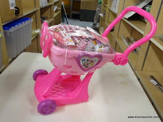 MINNIE HAPPY HELPERS CART; MINNIE HAPPY HELPERS BOWTIQUE PINK SHOPPING CART. MISSING A WHEEL.