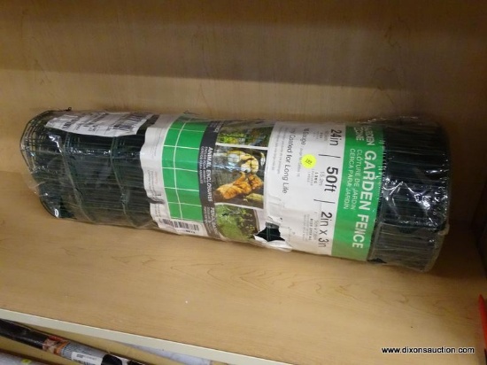 GARDEN ZONE WIRE FENCE; 50 FT ROLL OF GARDEN ZONE VINYL COATED, 16 GAUGE, GREEN WIRE FENCE. MEASURES