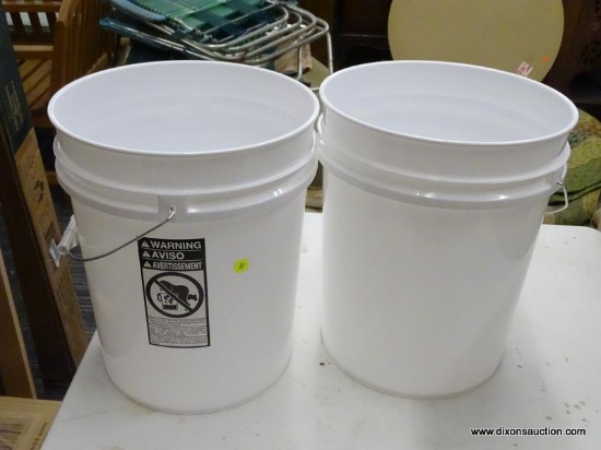 5-GALLON BUCKET; PAIR OF 5-GALLON, WHITE HEAVY DUTY PLASTIC BUCKETS. BRAND NEW.