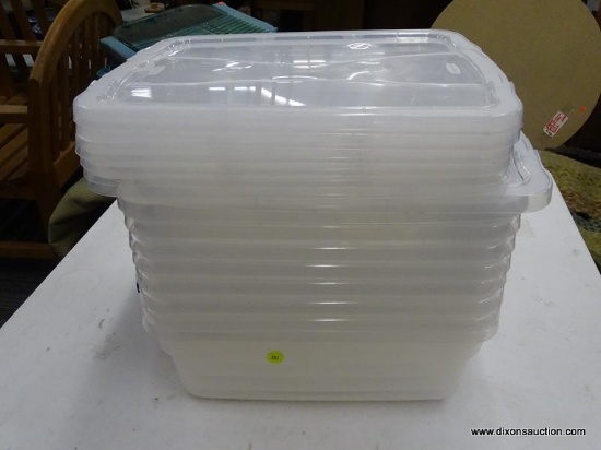 RUBBERMAID LATCHING STORAGE BOXES; 8 PIECE LOT OF RUBBERMAID CLEVER STORE 15 QT PLASTIC STORAGE