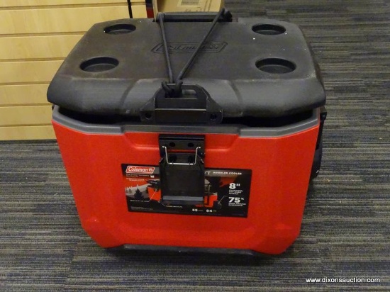 COLEMAN COOLER; RED, COLEMAN 55 QT COOLER WITH 2 LARGE HEAVY DUTY WHEELS AND A HANDLE. COMES IN