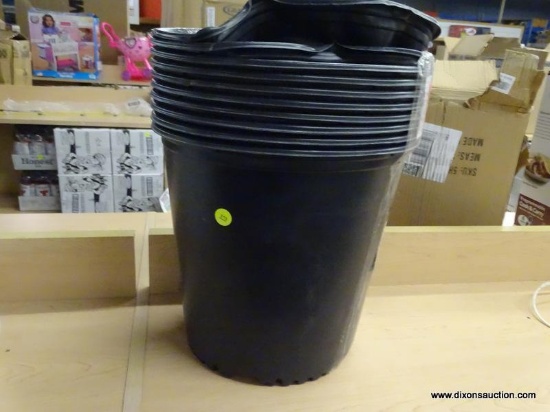 LOT OF NURSERY POTS; 10 PIECE LOT OF 3 GALLON BLACK PLASTIC NURSERY POTS. 2 HAVE DENTS IN THEM.