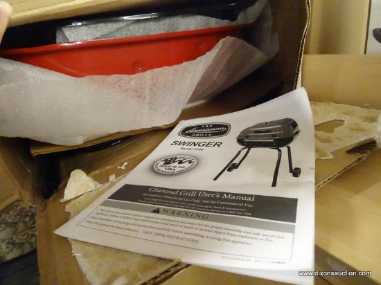 AMERICANA CHARCOAL GRILL; SWINGER CHARCOAL GRILL IN RED FROM AMERICANA GRILLS WITH A 6 POSITION