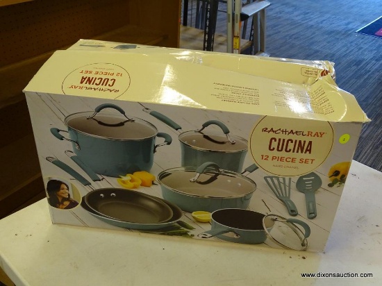 RACHAEL RAY CUCINA COOKWARE SET; RACHAEL RAY HARD ENAMEL NONSTICK 12-PIECE COOKWARE SET, BLUE. IN