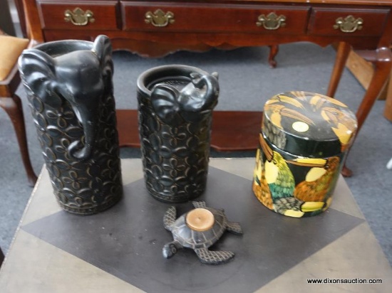 (R4) LOT OF ANIMAL MOTIF ITEMS; ITEMS INCLUDE 2 ELEPHANTS CANDLE HOLDERS (10 IN AND 9 IN TALL), A