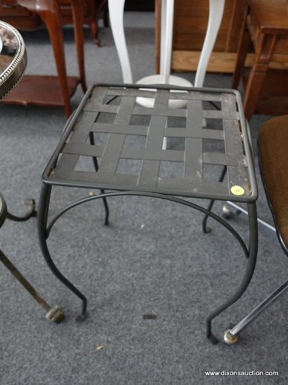 (R4) METAL PLANT STAND; BLACK PAINTED METAL PLANT STAND. MEASURES 13 IN X 13 IN X 21 IN.