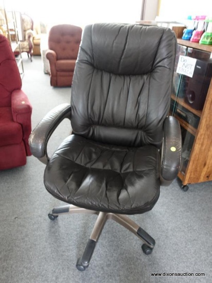 (R4) OFFICE CHAIR; FAUX BLACK LEATHER OFFICE CHAIR. HAS MINOR WEAR. MEASURES 26 IN X 24 IN X 47 IN.