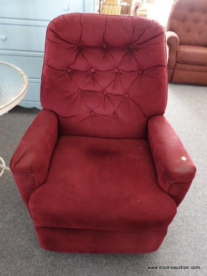 (R5) RECLINER; MAROON UPHOLSTERED RECLINER WITH BUTTON TUFTED BACK. ARM RESTS SHOW WEAR. MEASURE 32