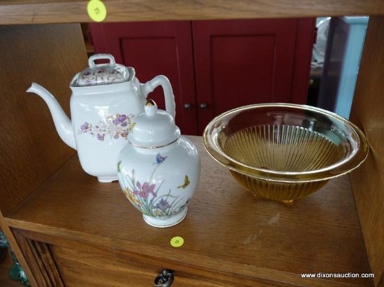 (R5) SHELF LOT; 3 PIECE LOT TO INCLUDE AMBER DEPRESSION MIXING BOWL, HAND PAINTED TEAPOT (10 IN