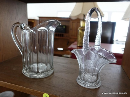 (R5) SHELF LOT; 2 PIECE LOT OF VINTAGE WATER PITCHER WITH MINOR CHIP ON THE BOTTOM (8 IN TALL) AND