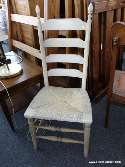 (R5) CHAIR; PAINTED RUSH BOTTOM AND LADDERBACK CHAIR. MEASURES 18 IN X 16 IN X 43 IN