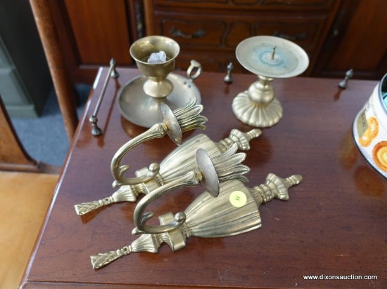 (R5) BRASS LOT; 4 PIECE LOT TO INCLUDE A PAIR OF BRASS WALL URN SHAPED CANDLE SCONCES (11 IN TALL),