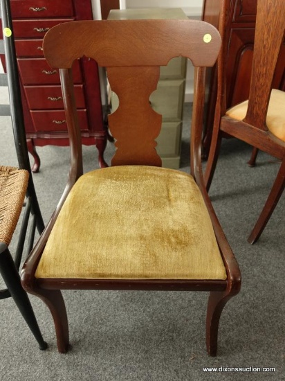 (R5) SIDE CHAIR; MAHOGANY EMPIRE STYLE SIDE CHAIR. MEASURES 19 IN X 17 IN X 33 IN.