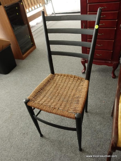 (R5) CHAIR; PAINTED WOVEN SEAT CHAIR WITH A LADDERBACK. MEASURES 16 IN X 16 IN X 35 IN.