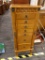 (R1) JEWELRY ARMOIRE; WOODEN QUEEN ANNE 7 DRAWER JEWELRY ARMOIRE WITH A LIFT TOP MIRROR AND 2