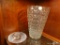 (R1) LOT OF DECORATIVE GLASS; 2 PIECE LOT TO INCLUDE A LARGE VASE (10 IN TALL) AND A CANDLE HOLDER.