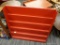 (R4) BOOK DISPLAY; SINGLE SIDED RED PAINTED BOOK DISPLAY WITH 5 SHELVES. IN GOOD CONDITION. MEASURES