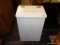 (R1) WOODEN TRASH CONTAINER; WHITE PAINTED TRASH CONTAINER WITH CONTENTS TO INCLUDE A RED COLORED