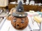 (R5) LIGHT UP PUMPKIN; BATTERY POWERED POTTERY PUMPKIN WEARING A WITCH HAT WITH LIGHT UP EYES AND