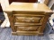 (R6) WOODEN NIGHT STAND; PECAN FINISH NIGHTSTAND WITH 2 DOVETAIL DRAWERS WITH A DETAILED METAL