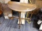 (R6) ACCENT TABLE; WOODEN ACCENT TABLE/LAMP TABLE WITH A HALF MOON/ROUND TABLE SHAPE, 3 TURNED LEGS,