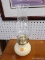 (R6) OIL LAMP; VINTAGE OIL LAMP WITH A CREAM GLASS INLAY WITH A CLEAR GLASS HOBNAIL COVERING. COMES
