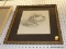 (R6) FRAMED SKETCH; SKETCH OF A SCOTTISH TERRIER ON A LEASH SKETCH MATTED IN NAVY BLUE AND FRAMED IN