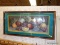 FRAMED PRINT; STILL LIFE OF A CLUSTER OF FRUIT. FRAMED IN A BLUE AND YELLOW PAINTED SHADOW BOX IN A