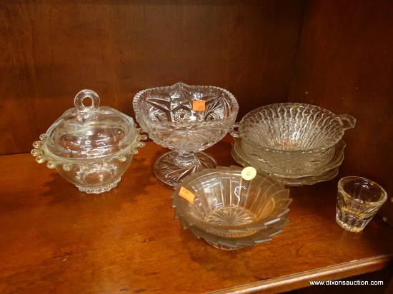 (R1) LOT OF ASSORTED GLASS; 8 PIECE LOT TO INCLUDE A SHOT GLASS, 2 SHURIKEN RIM BOWLS, 3 DECORATIVE