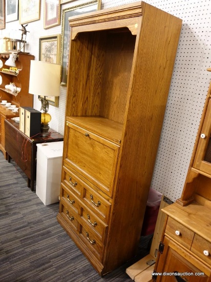 (R1) CABINET; WOODEN CABINET WITH 1 ADJUSTABLE SHELF AT THE TOP, A FALL FRONT DOOR IN THE MIDDLE