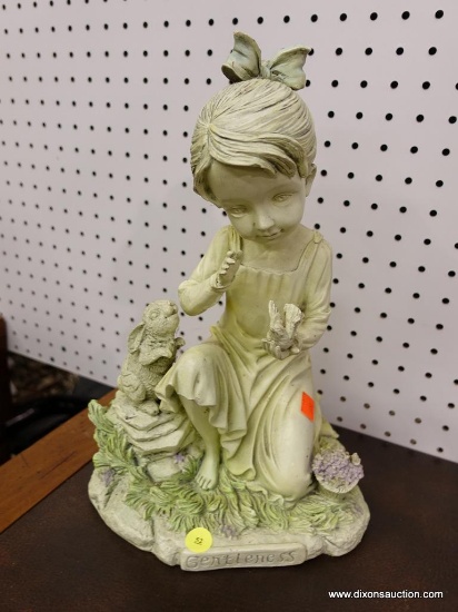(R1) GIRL WITH BIRD CLAY POTTERY; PAINTED CLAY POTTERY STATUE OF A GIRL PLAYING WITH A BIRD AND A