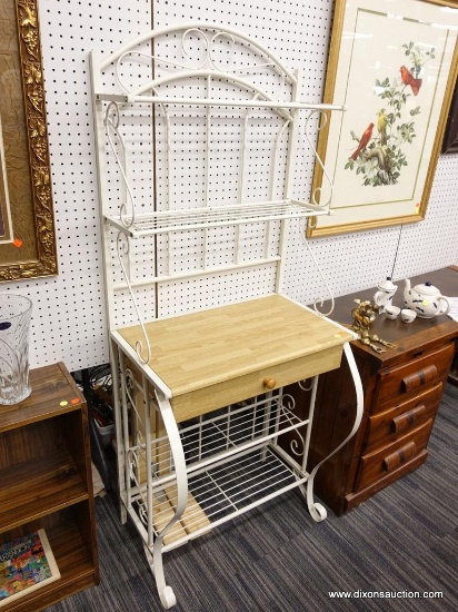 (R1) METAL HUTCH; WHITE METAL AND LIGHT WOODEN 1 DRAWER HUTCH WITH 4 SHELVES AND AN ORNATE FRAME.