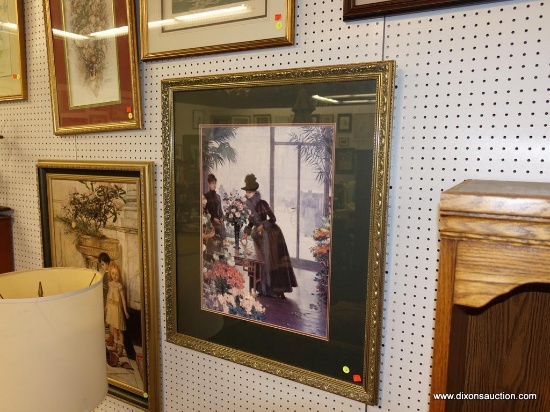 (R1) FRAMED VICTOR GILBERT PRINT; VICTORIAN PRINT SHOWING 2 WOMAN INSIDE OF A FLOWER SHOP. SIGNED BY
