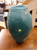 (R2) FLOWER POT; LARGE TRANSPARENT TEAL GLASS FLOWER POT WITH A SWIRL DESIGN. COLORED LAYER IS THIN