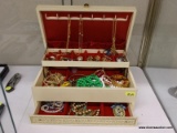 (SHOW) JEWELRY BOX AND CONTENTS; LIFT TOP JEWELRY BOX WITH HOOKS FOR HANGING ON THE LID, A SMALLER