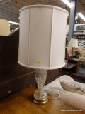 (R2) CUT GLASS TABLE LAMP; VASE SHAPED CUT GLASS LAMP WITH FAN AND CROSS CUTS THROUGHOUT THE LAMP.