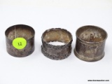 (SHOW) STERLING NAPKIN RINGS; 3 STERLING SILVER NAPKIN RINGS OF DIFFERENT SIZES. ONE WITH 