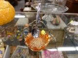 (R2) CARNIVAL GLASS JELLY DISH; AMBER GLASS JELLY DISH WITH A CHROMIUM PLATE HOLDER AND SPOON.