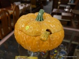 (R2) PUMPKIN JUICE BOWL; LARGE PUMPKIN SHAPED PUNCH BOWL WITH A LID AND A SPOON. MEASURES 7 IN TALL