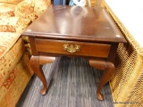 (R2) NIGHTSTAND; DARK STAINED WOODEN NIGHTSTAND WITH QUEEN ANNE LEGS AND A SINGLE DOVETAIL DRAWER