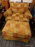 (R2) OVERSIZED ARMCHAIR WITH OTTOMAN; ARMCHAIR WITH AN AUTUMN COLORED FABRIC WITH A FLORAL CHECKERED