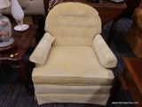 (R2) LAINE CLOTH ARMCHAIR; ROUND BACK ARMCHAIR WITH A YELLOW CLOTH FABRIC AND BUTTON DETAILING ALONG