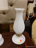 (R2) TABLE LAMP; MILK GLASS TABLE LAMP WITH HOBNAIL DETAILING AND A MILK GLASS CHIMNEY. MEASURES