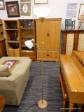 (R3) FLOOR LAMP; BROWN FLOOR LAMP WITH 2 LIGHT FIXTURES WITH WHITE PLASTIC LAMP SHADES. MEASURES