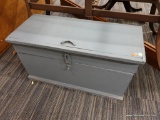 (R3) CHEST; BLUE PAINTED WOODEN CHEST WITH A FRONT LATCH LOCK. MEASURES 31 IN X 13.5 IN X 15 IN.